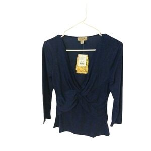 One World Navy Criss Cross V Neck Minimalist Style 3/4 Sleeved Soft NWT Top XS